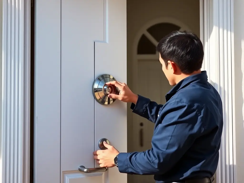 A locksmith installing a new lock on a residential door, showcasing HUISFIX 24/7's locksmith services.