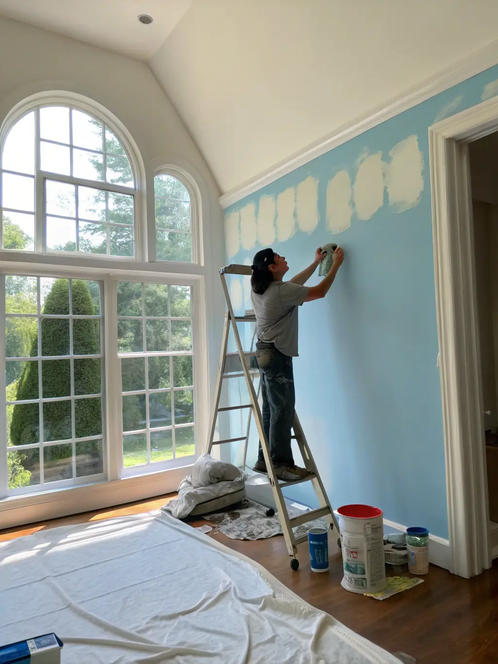 A HUISFIX247 professional painting a room with smooth, even strokes, using high-quality paint to achieve a vibrant and lasting finish.