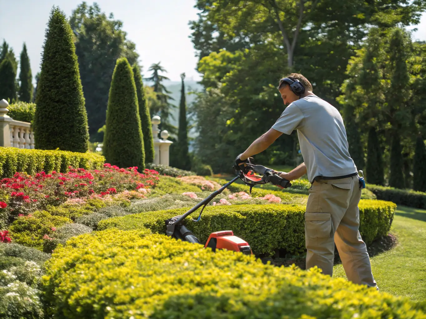 A gardener trimming a hedge in a well-maintained garden, representing HUISFIX 24/7's garden and yard maintenance services.