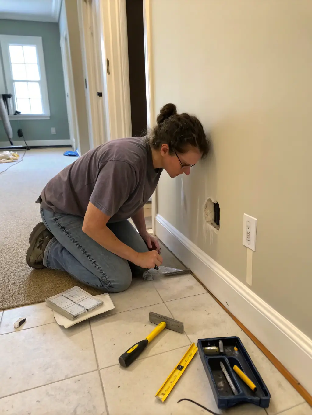 A skilled handyman repairing a drywall crack with precision, using tools and materials to seamlessly blend the repair with the existing wall.