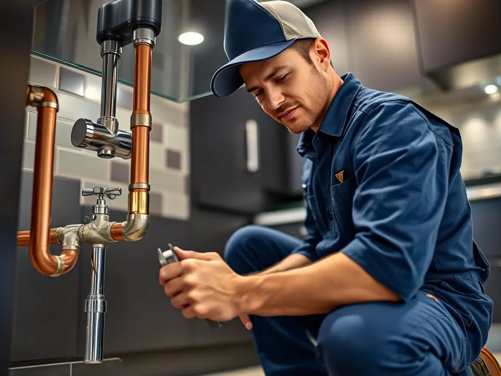 An image showing a handyman fixing a leaking pipe inside a modern home, representing HUISFIX 24/7's home repair services.