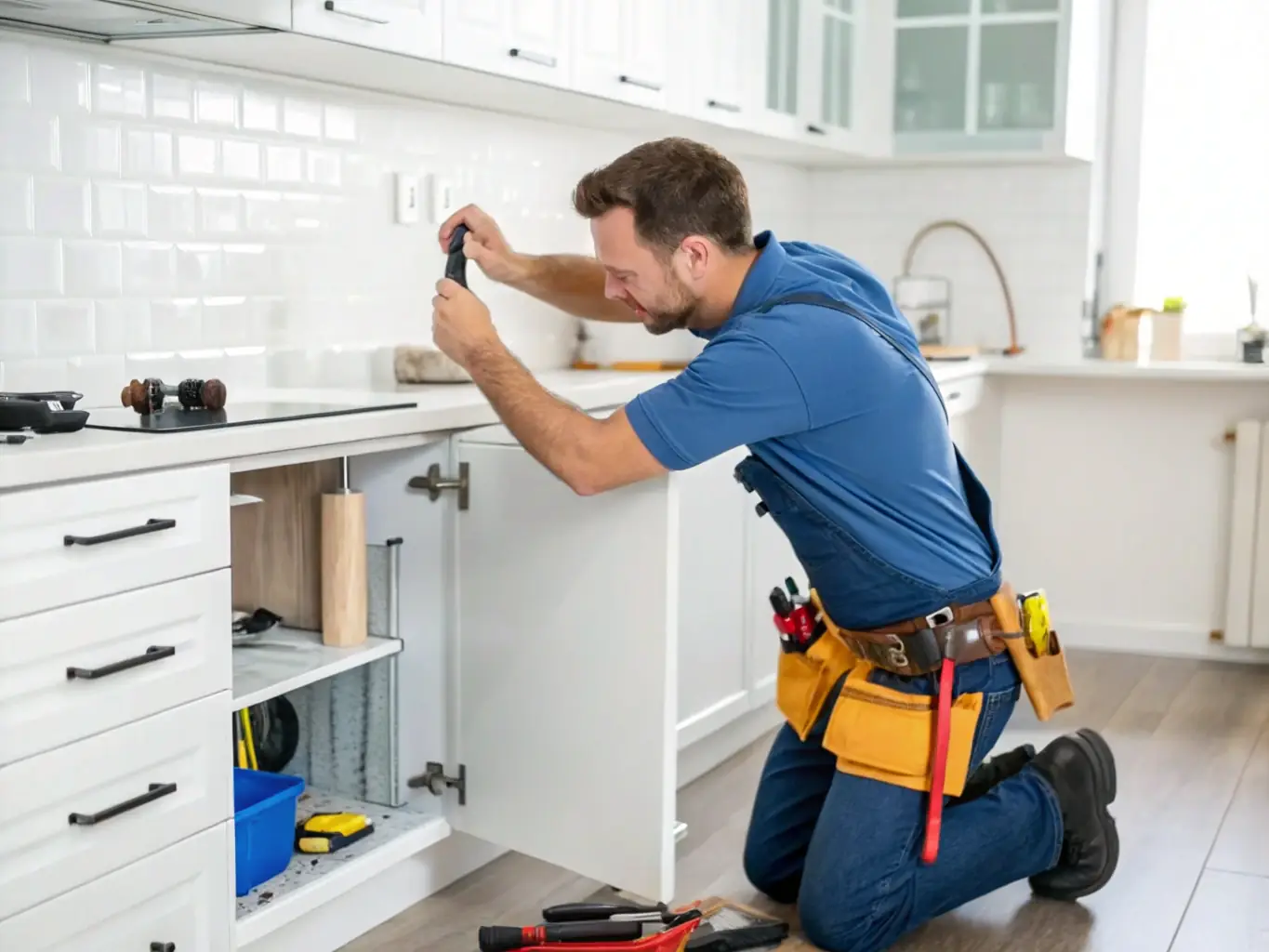 A handyman repairing a kitchen cabinet hinge with a screwdriver, showcasing general home repair services.