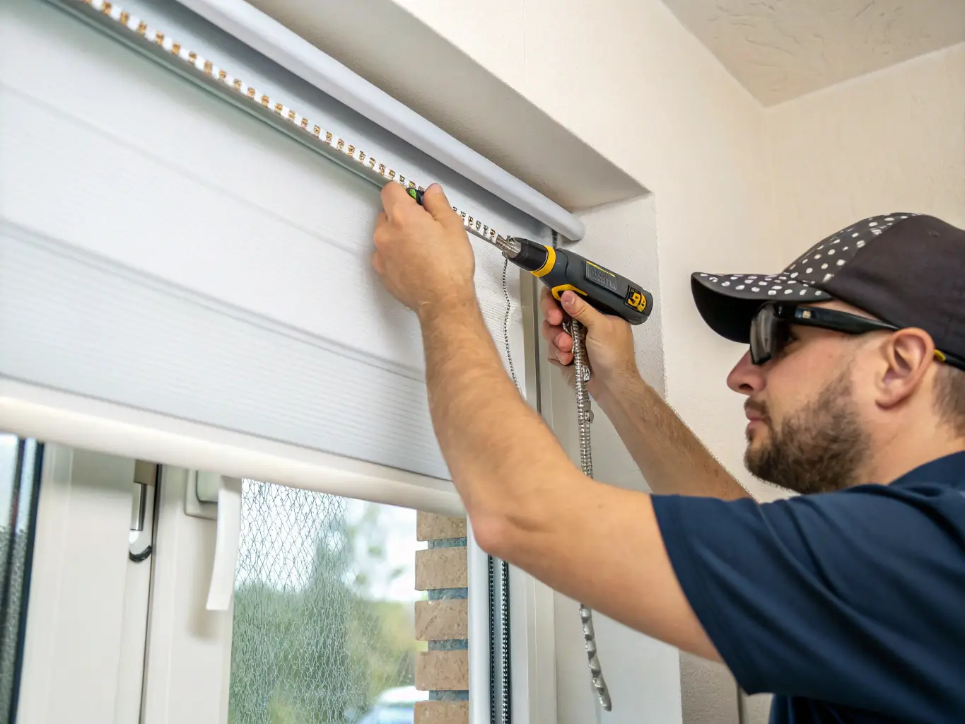 A worker installing a roller shutter on a window, demonstrating roller shutter services.