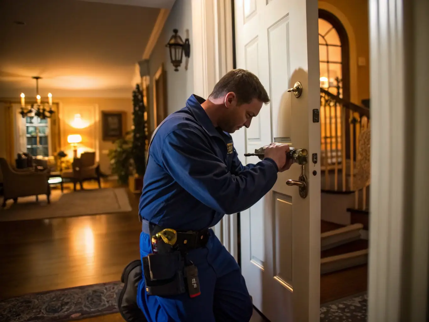 A locksmith installing a new lock on a residential door, showcasing the locksmith services offered by HUISFIX 24/7.
