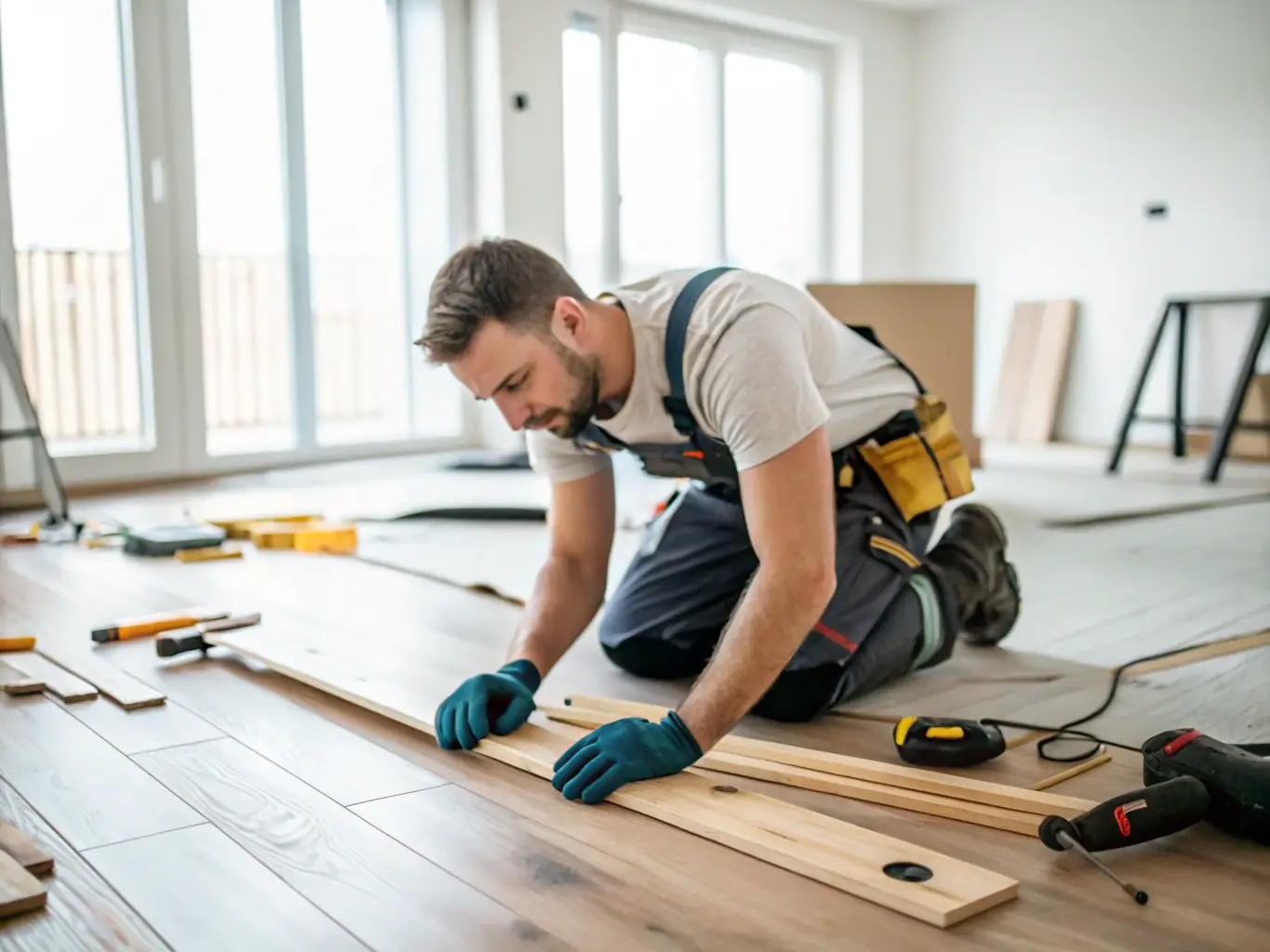 A handyman installing laminate flooring in a modern living room, with tools and materials neatly arranged, demonstrating HUISFIX 24/7's installation and repair services.
