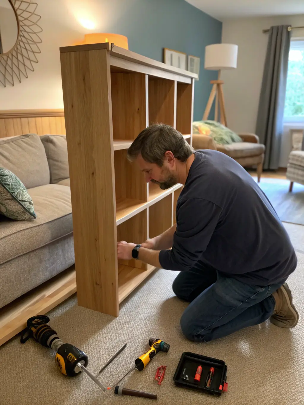 A HUISFIX247 handyman assembling flat-pack furniture with efficiency and expertise, using tools to ensure sturdy construction.