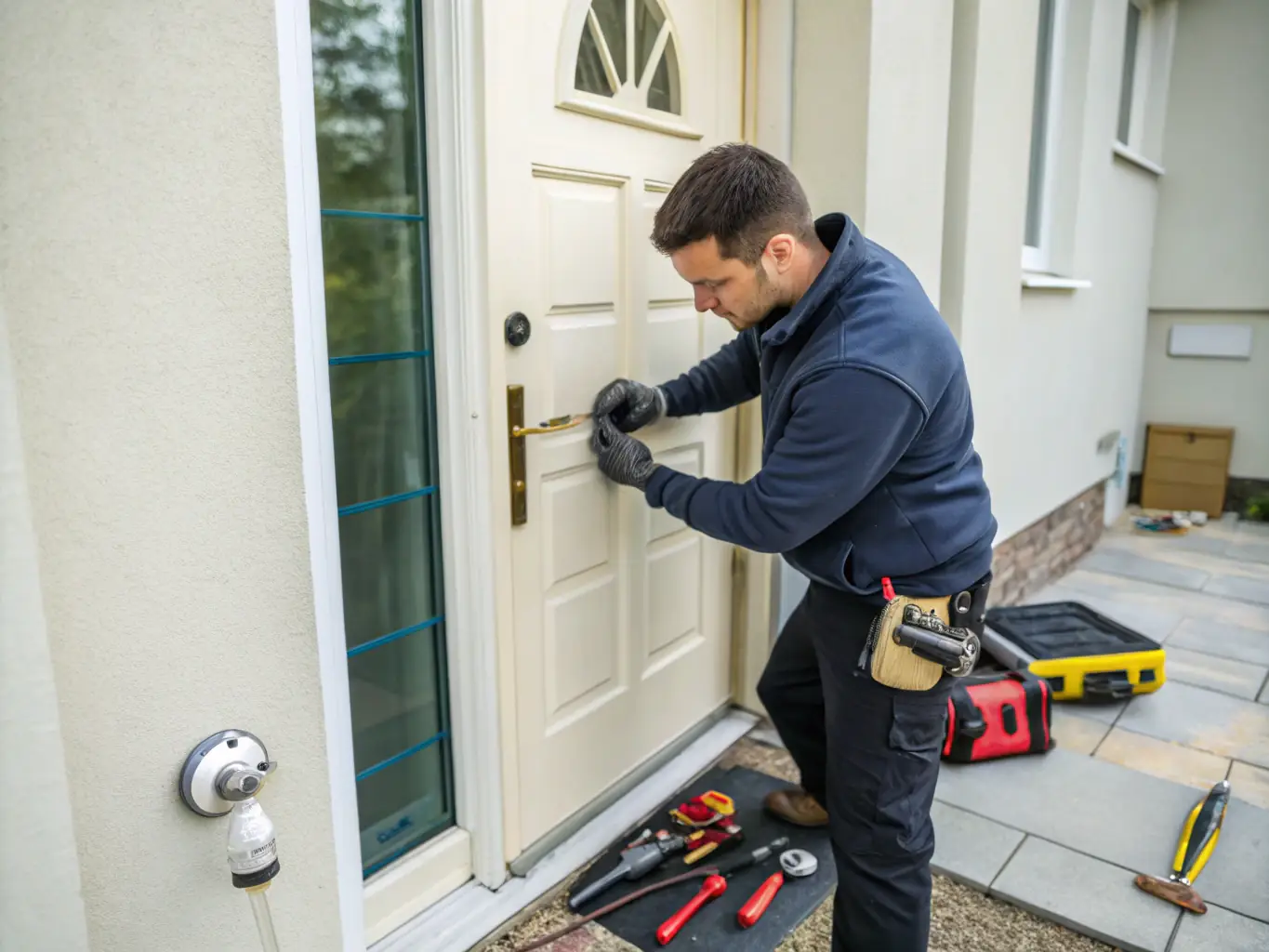 A locksmith opening a door with specialized tools, highlighting locksmith services.