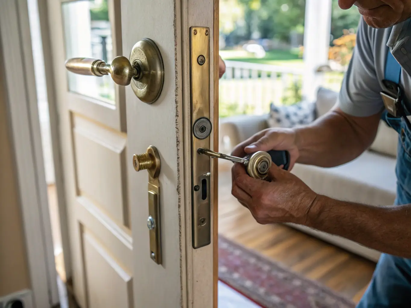 A professional handyman fixing a door lock in a residential setting, with tools and a focused expression, showcasing HUISFIX 24/7's emergency handyman services.