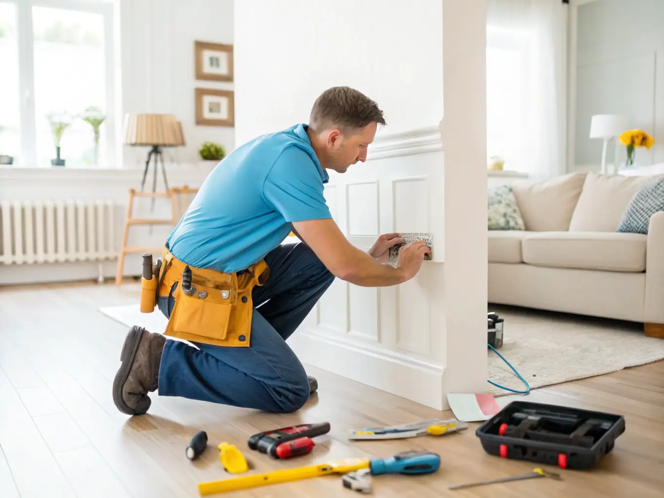 A handyman installing laminate flooring in a modern living room, highlighting HUISFIX 24/7's installation services.