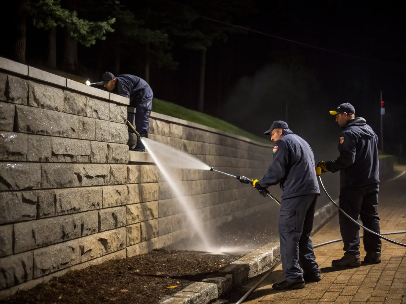 A team of cleaners pressure washing a building façade, with lush greenery in the background, illustrating HUISFIX 24/7's cleaning and maintenance services.
