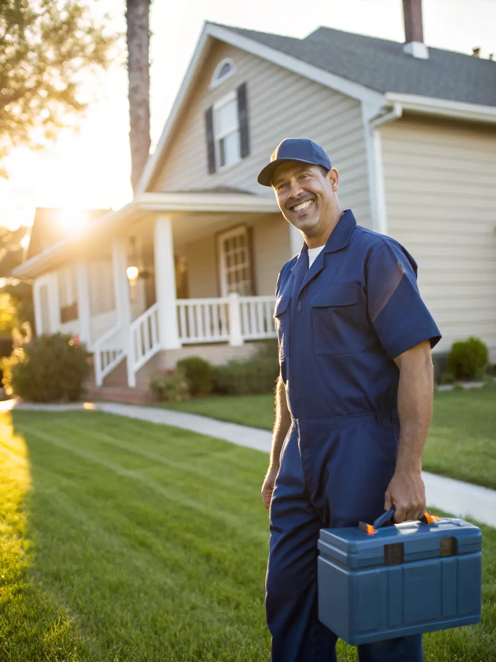 A friendly handyman smiling and shaking hands with a satisfied customer in front of a well-maintained garden, representing trust and quality service.