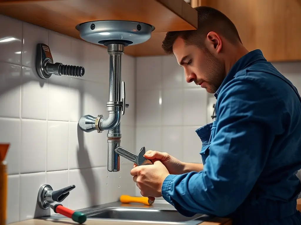 An image showing a handyman fixing a leaking pipe inside a modern home, emphasizing the urgent repair service provided by HUISFIX 24/7.