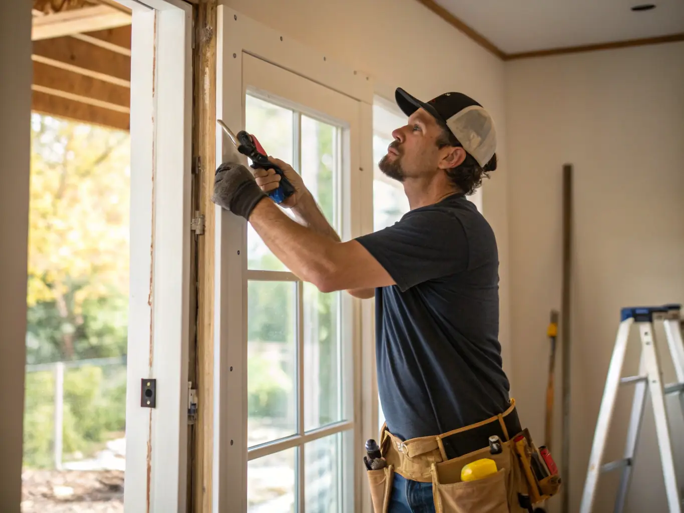 A handyman repairing a wooden door frame with professional tools, showcasing HUISFIX 24/7's expertise in door repairs.