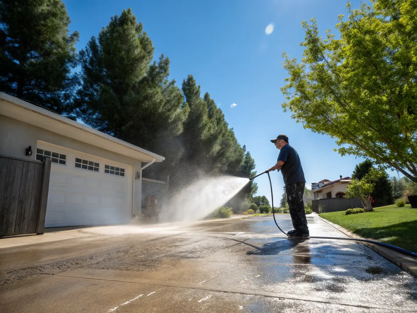 A worker cleaning a garden with a high-pressure washer, demonstrating HUISFIX 24/7's garden cleaning services.