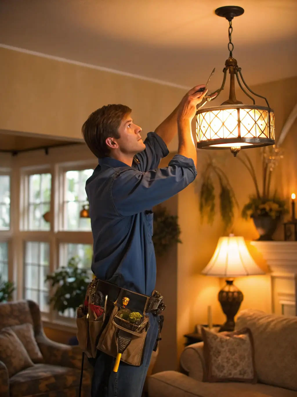 A handyman expertly installing a new light fixture in a modern living room, showcasing precision and attention to detail.